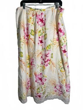 Cynthia Howie Maggy Boutique Linen Floral MIDI  Skirt Crochet lace hem 14